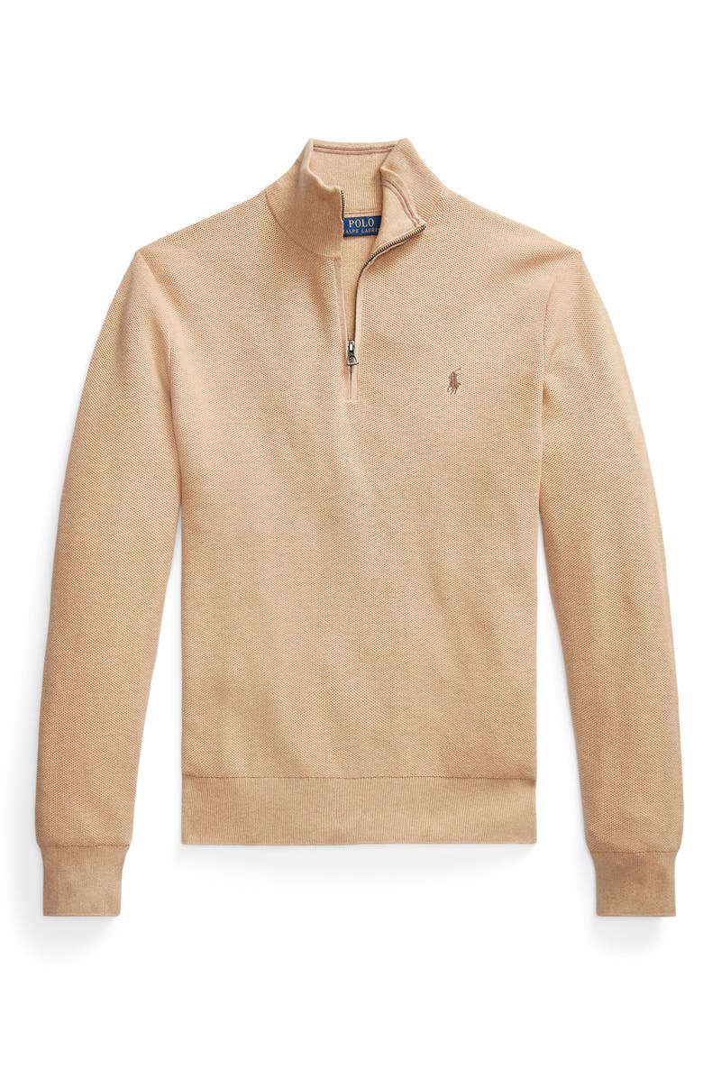 Polo Ralph Lauren Mesh Knit Cotton Quarter Zip Sweater, Alternate, color, Camel Melange