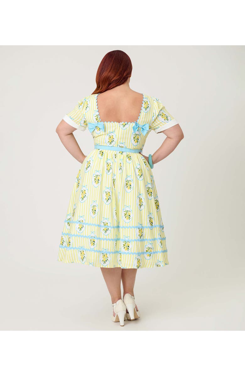 Unique Vintage Plus Size Boatneck Ricrac Swing Dress, Alternate, color, Yellow Stripe W/ Lemon Print