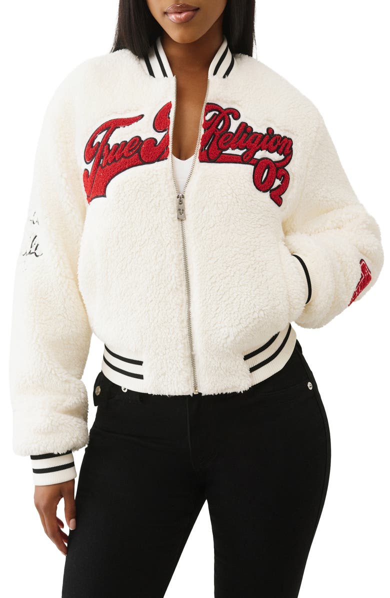 True Religion Varsity Chenille Bomber Jacket, Main, color, Winter White