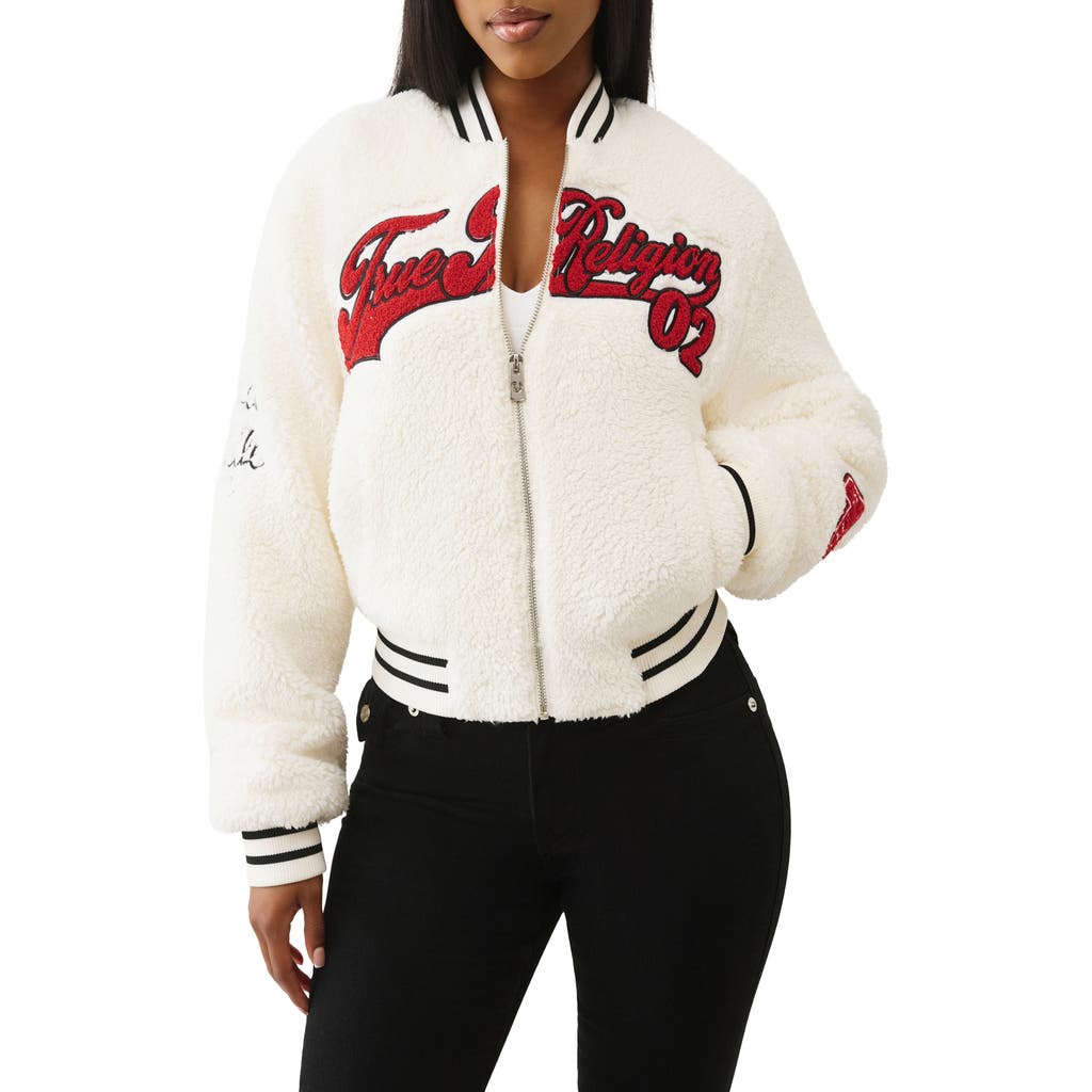 True Religion Varsity Chenille Bomber Jacket In White