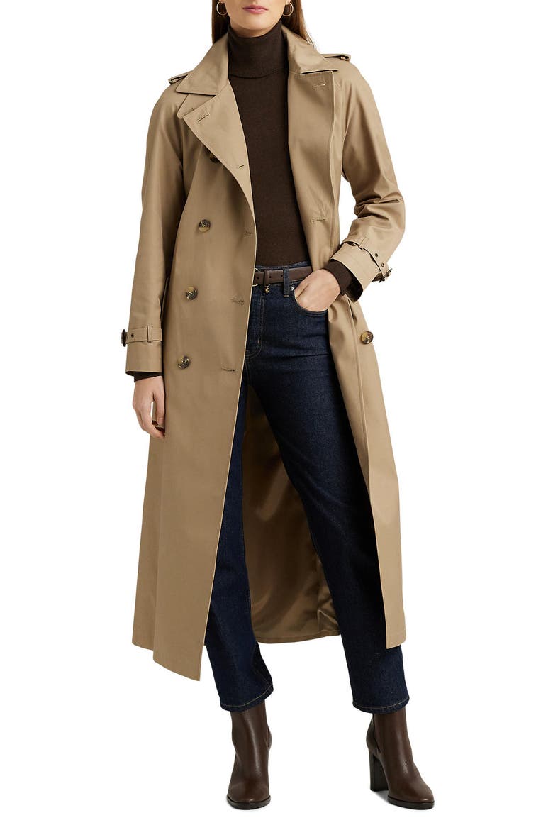 Belted Cotton Blend Gabardine Trench Coat, Main, color, SAND