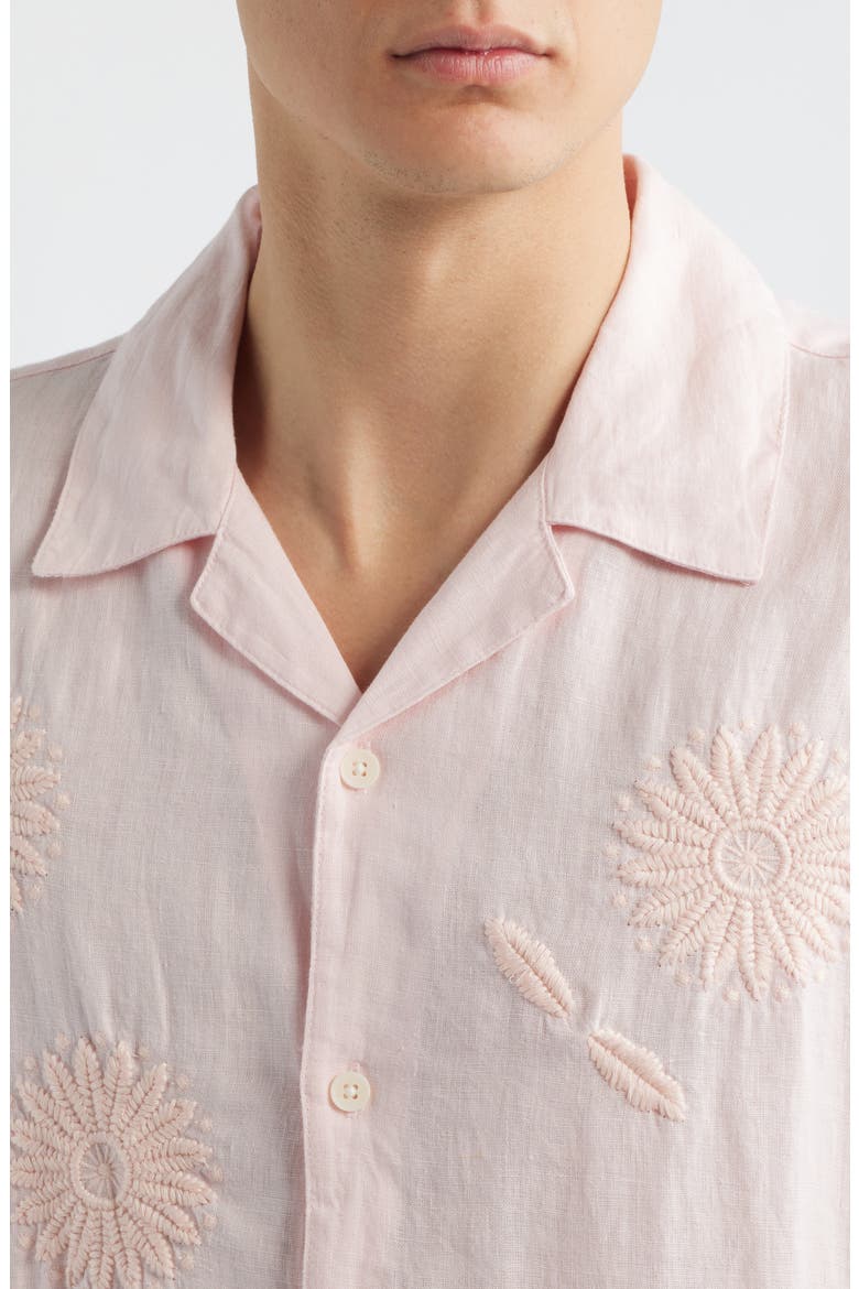 Didicot Chunk Embroidered Flowers Linen Camp Shirt, Alternate, color, PINK