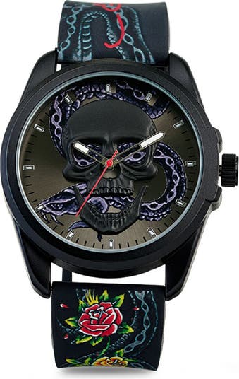 Ed Hardy Quartz Silicone Strap Watch, 46mm | Nordstromrack
