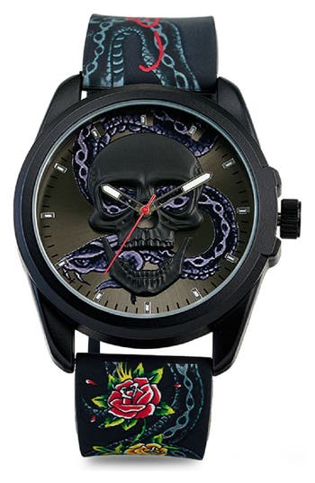 Ed Hardy Quartz Silicone Strap Watch, 46mm In Black