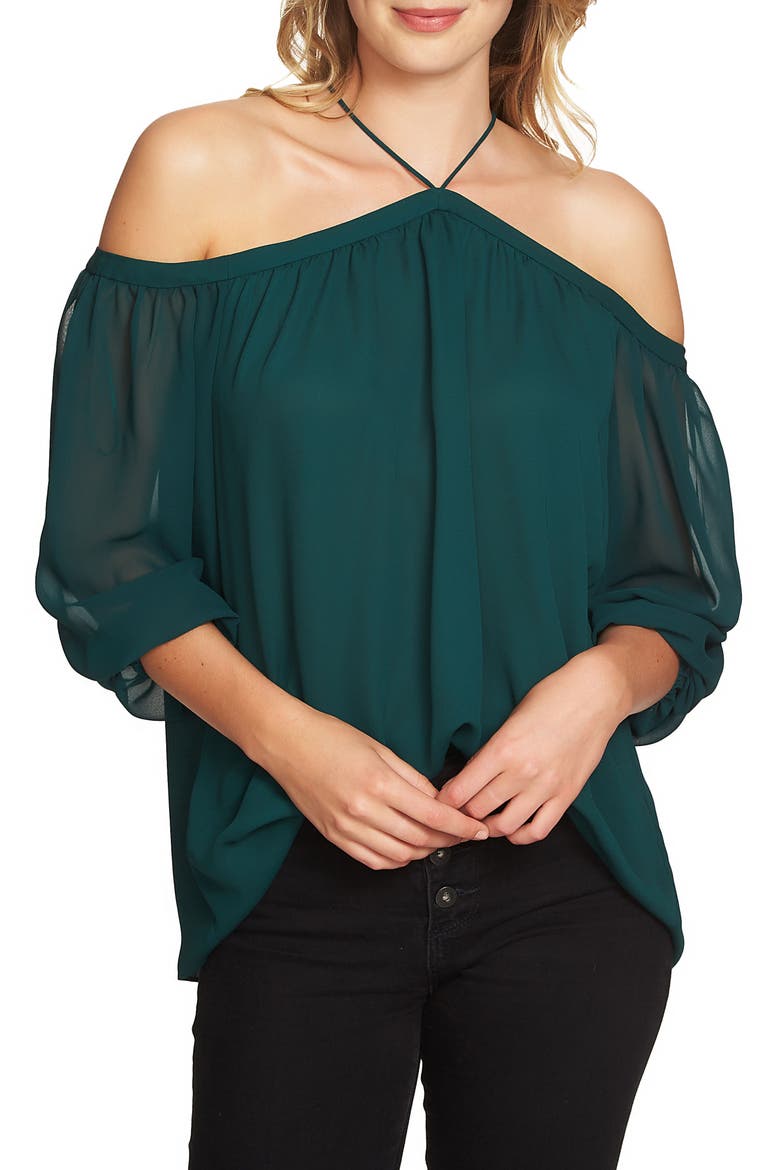 Off the Shoulder Sheer Chiffon Blouse, Main, color, JASPER GREEN