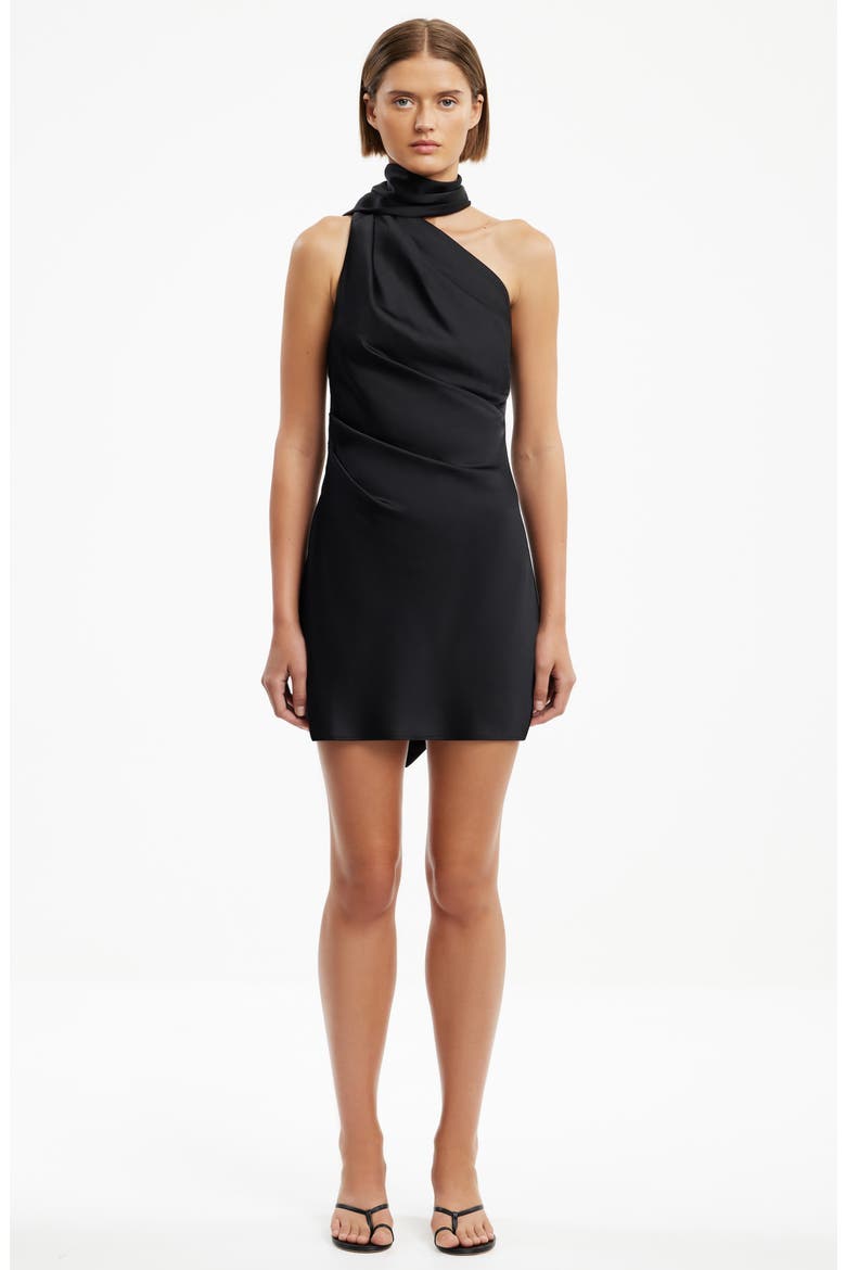 Nadia Asymmetric Drape Bias-Cut Satin Minidress, Alternate, color, BLACK