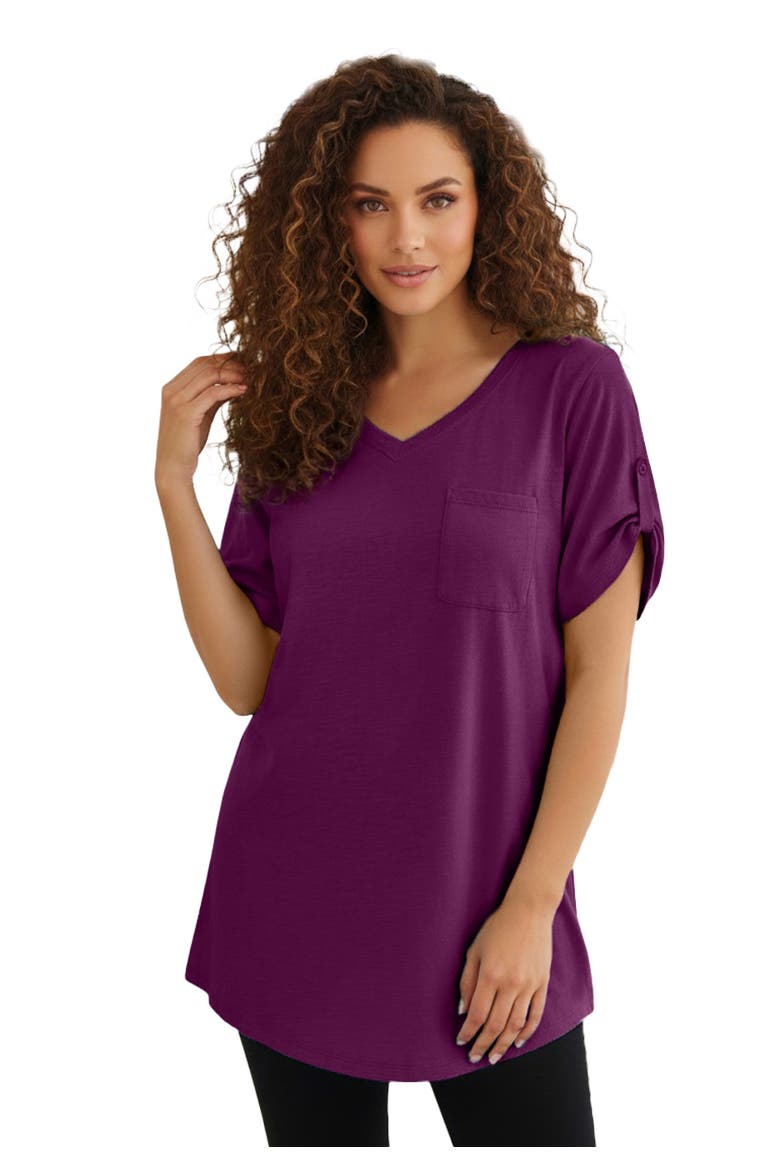 Plus Size Slub V-Neck Boyfriend Tunic Top, Main, color, DARK BERRY
