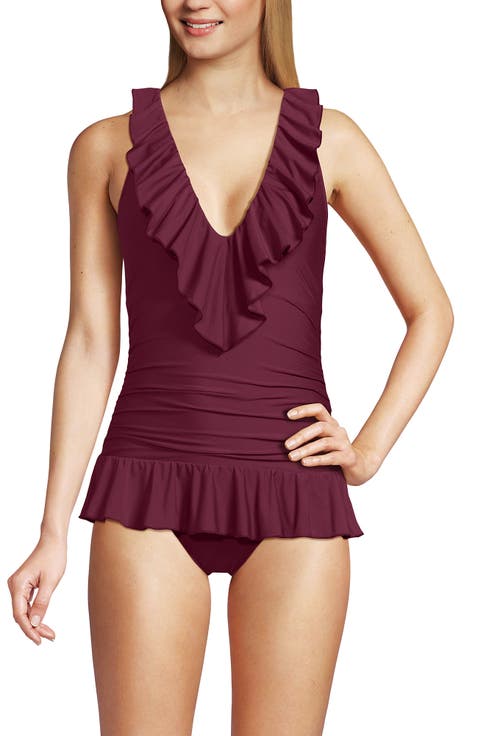 Ruffle Plunge Skirted High Leg One Piece
