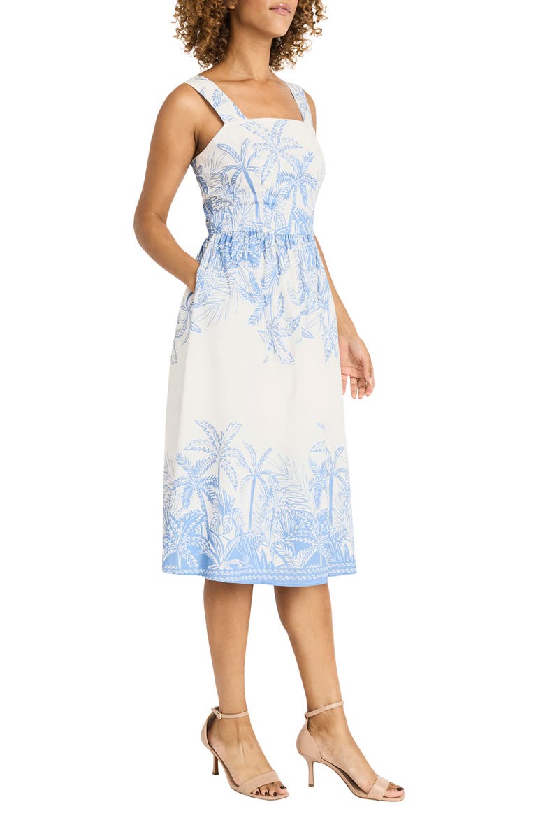 Palm Print Stretch Cotton Dress, Alternate, color, BLUE/ WHITE