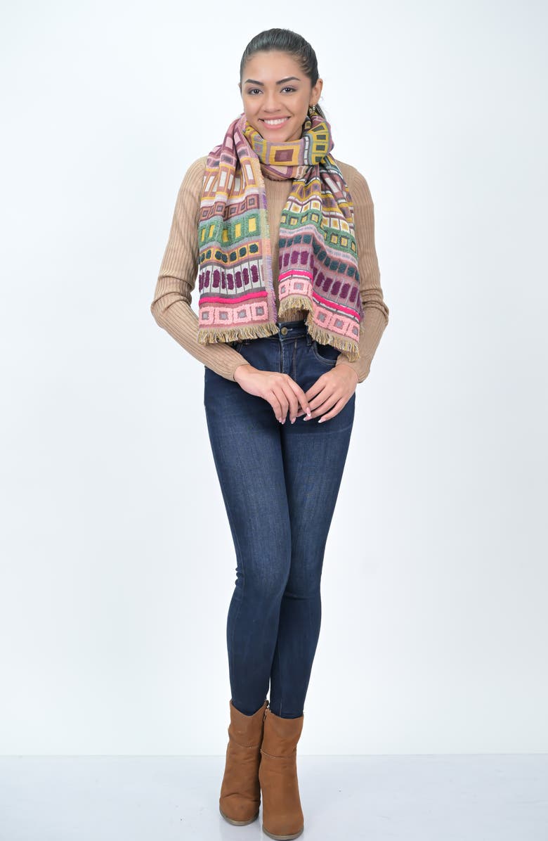 Vismaya Embroidered Cotton & Wool Fringe Scarf, Alternate, color, 