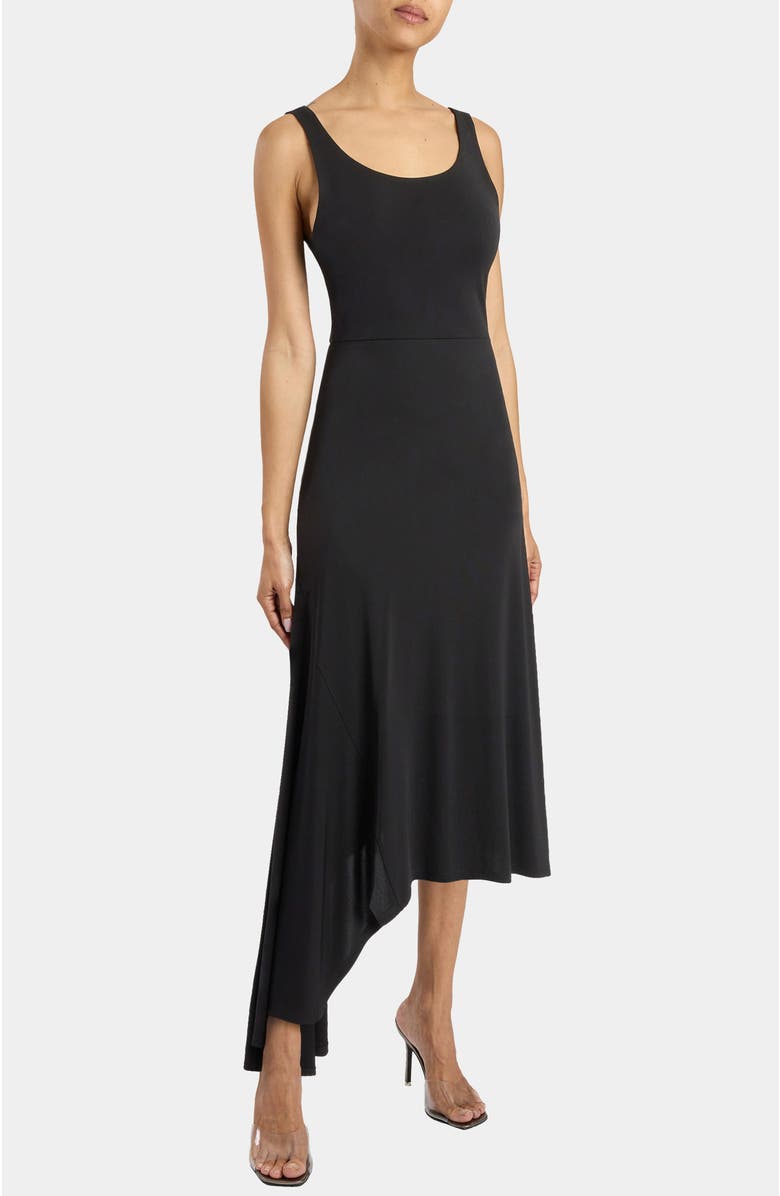 Santorelli TANI Sleeveless Midi Dress with Asymmetric Skirt Panel in Luxury Jersey, Main, color, Black