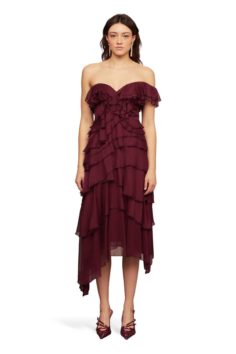Emaline Chiffon Cascade Dress, Main, color, Pinot Noir