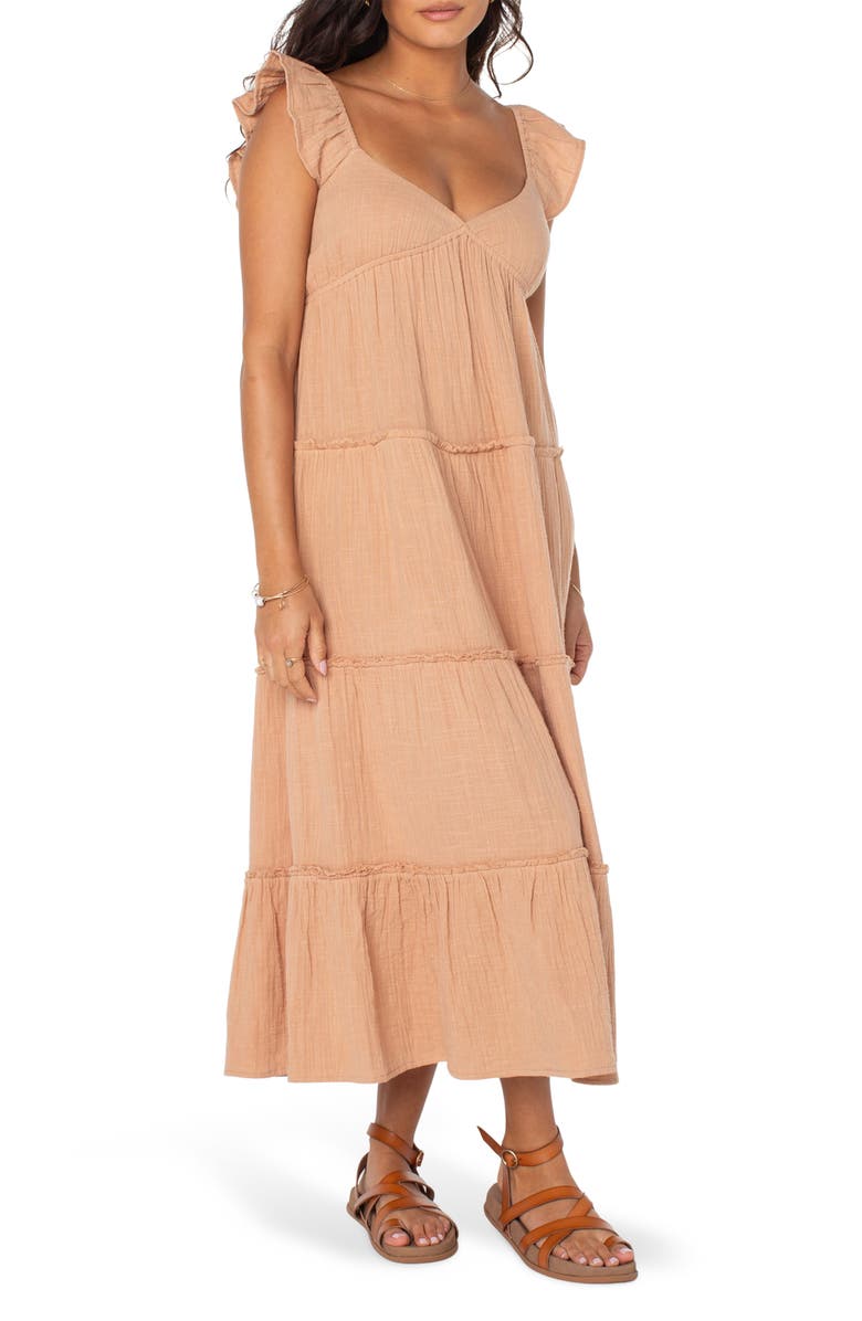 Roxy Palmy Days Tiered Cotton Midi Dress, Main, color, Praline Solid Stamp
