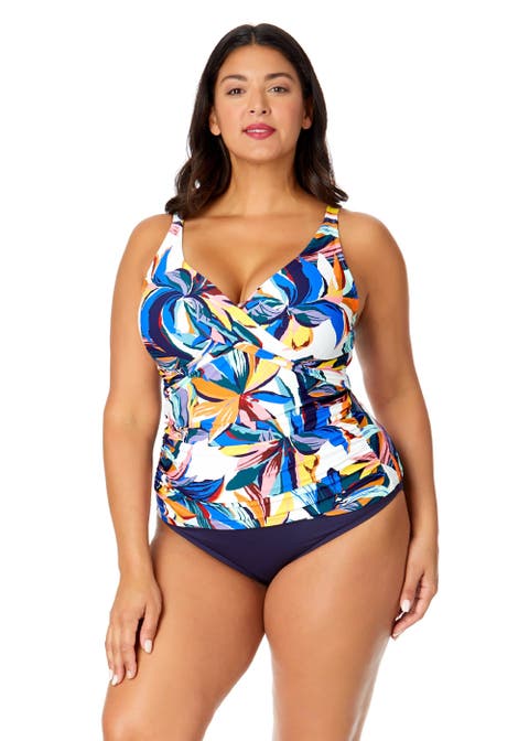 Women's Plus Riviera Floral Hidden Underwire Drape Front Tankini Swim Top