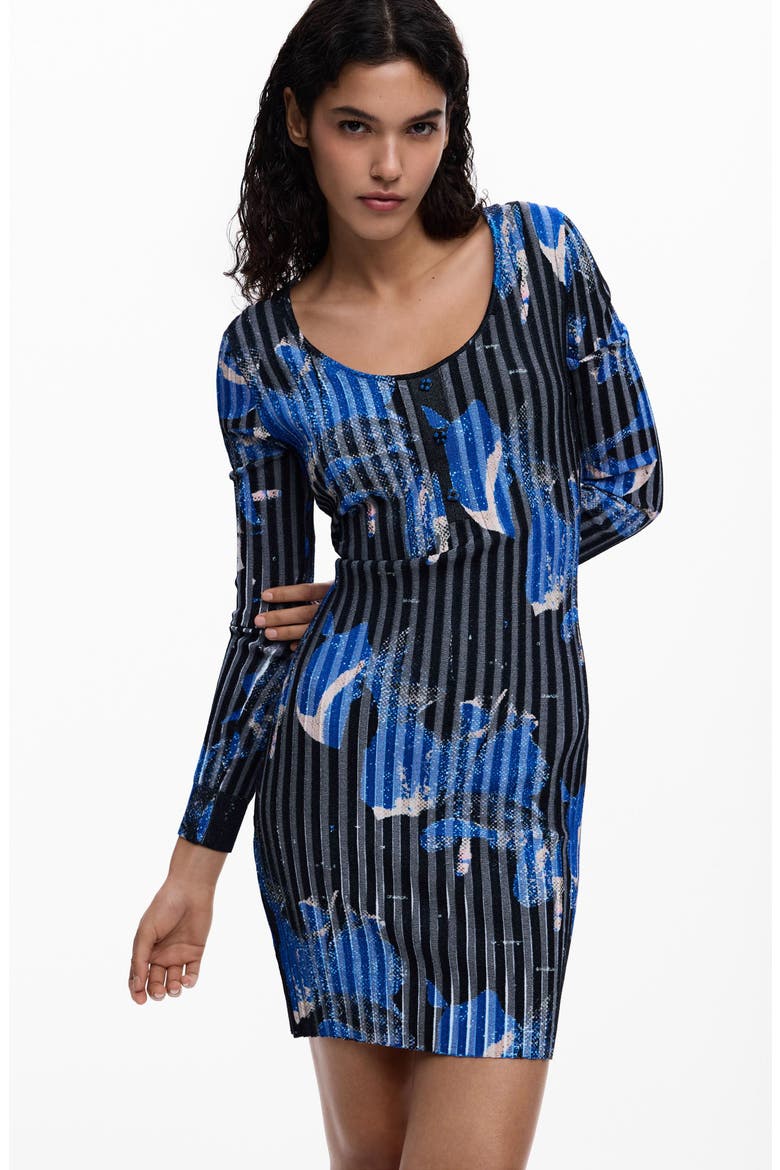 Rib Long Sleeve Minidress, Alternate, color, BLACK/ BLUE