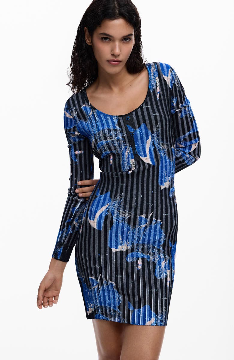 Desigual Rib Long Sleeve Minidress, Alternate, color, Black/ Blue