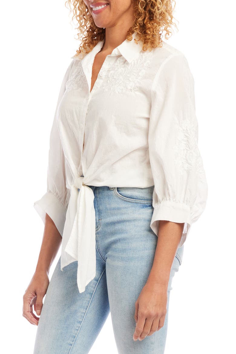 Embroidered Tie Front Cotton Lawn Shirt, Alternate, color, OFF WHITE