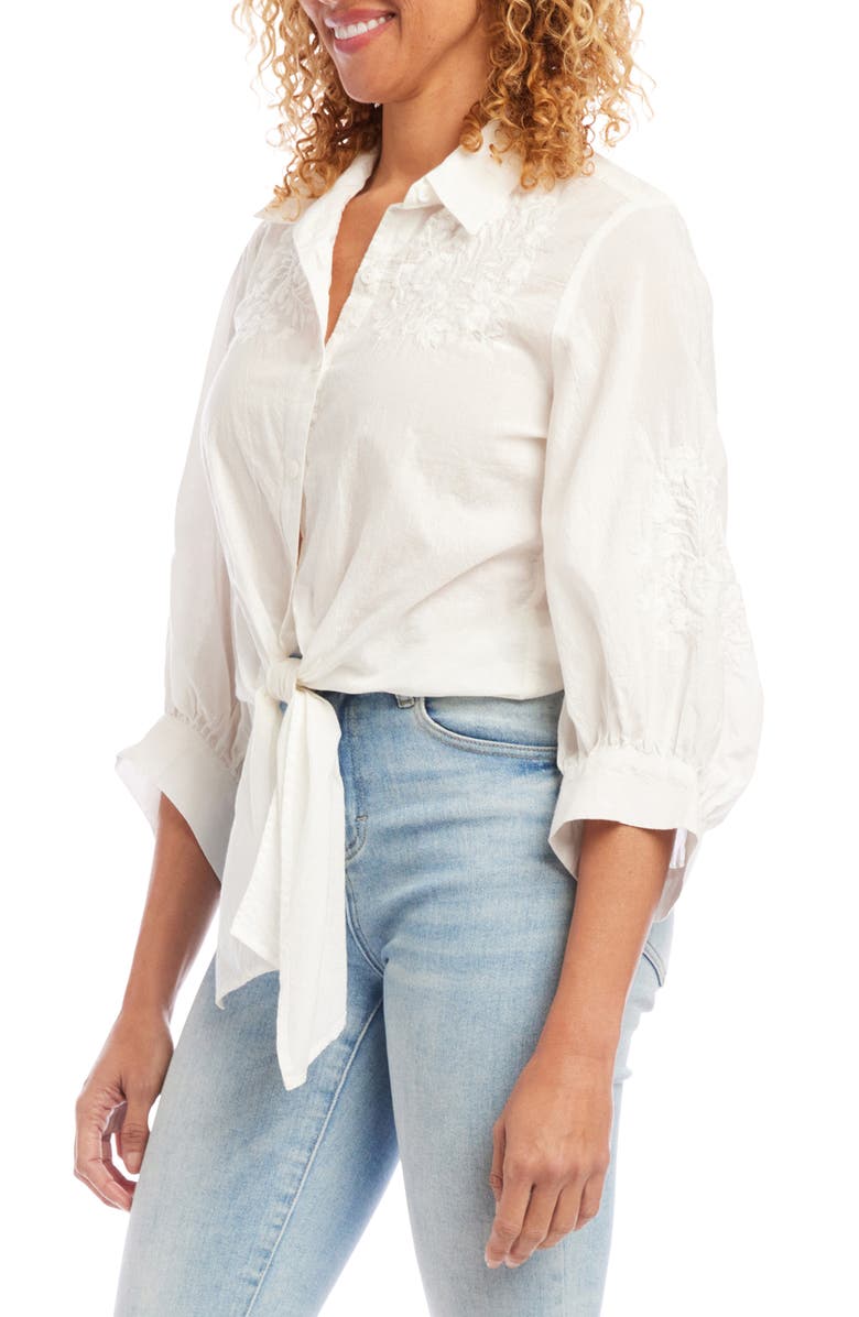 Karen Kane Embroidered Tie Front Cotton Lawn Shirt, Alternate, color, Off White