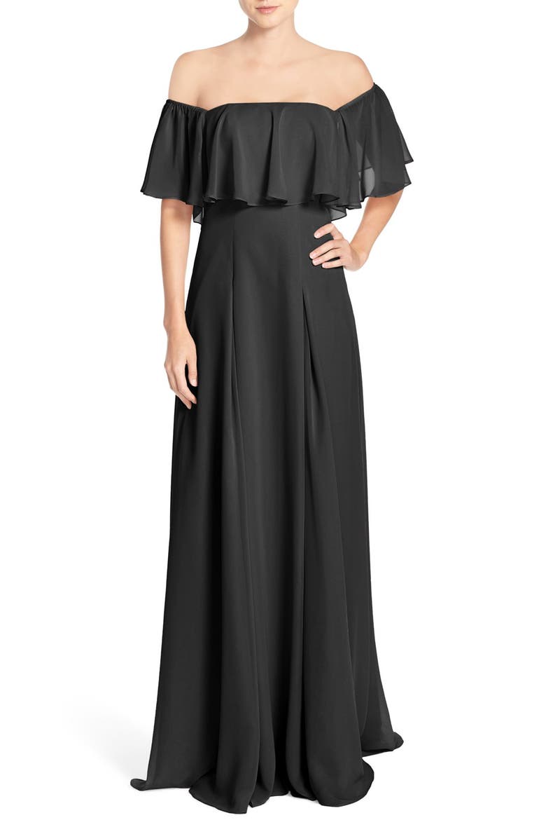 Off the Shoulder Chiffon Gown, Main, color, BLACK