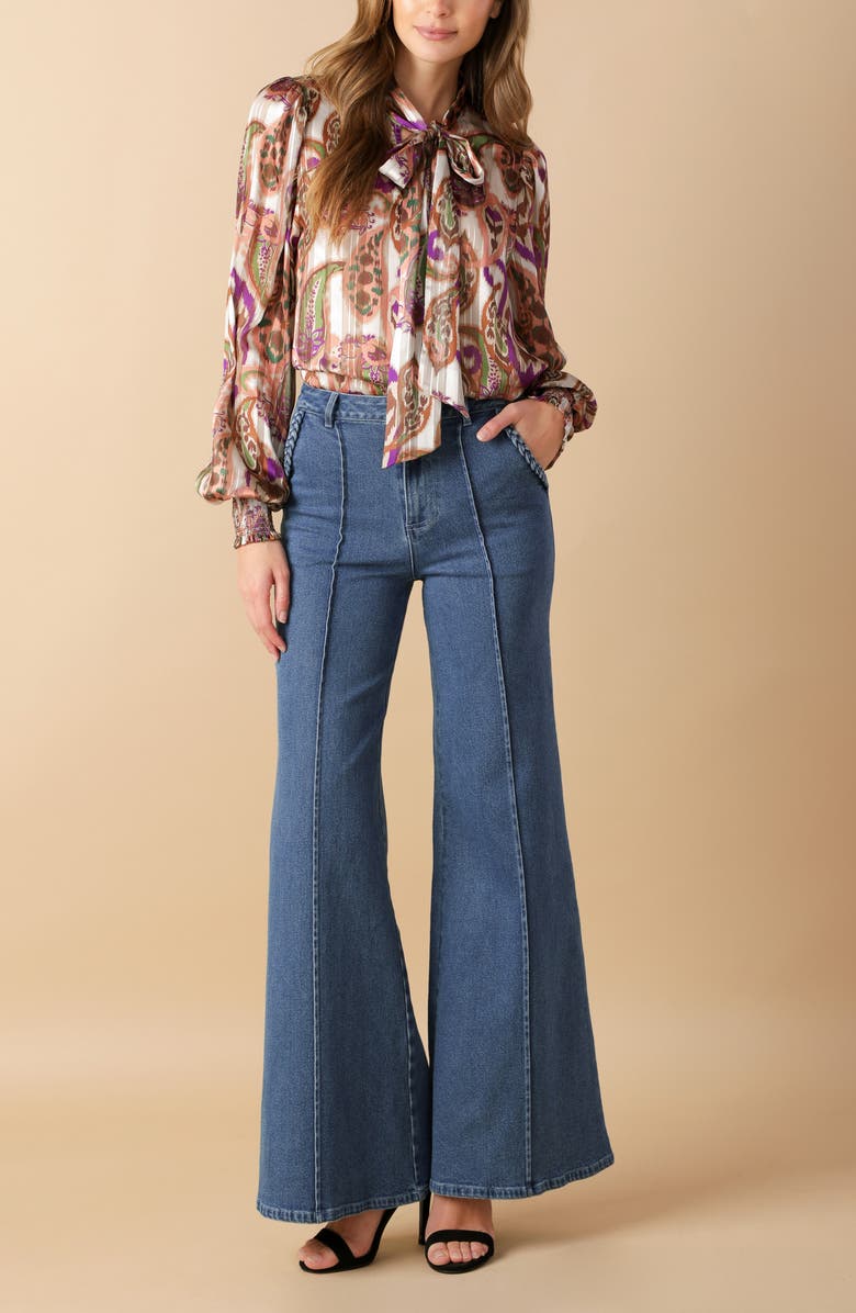 FLYING TOMATO Paisley Tie Neck Long Sleeve Top, Alternate, color, Cream Brown