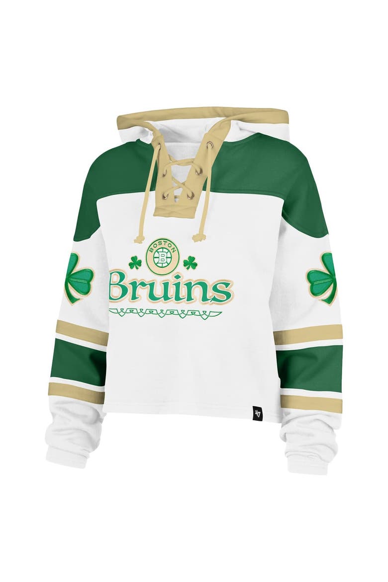 Women's '47  White Boston Bruins McLucky Cropped Lacer Hoodie, Alternate, color, White