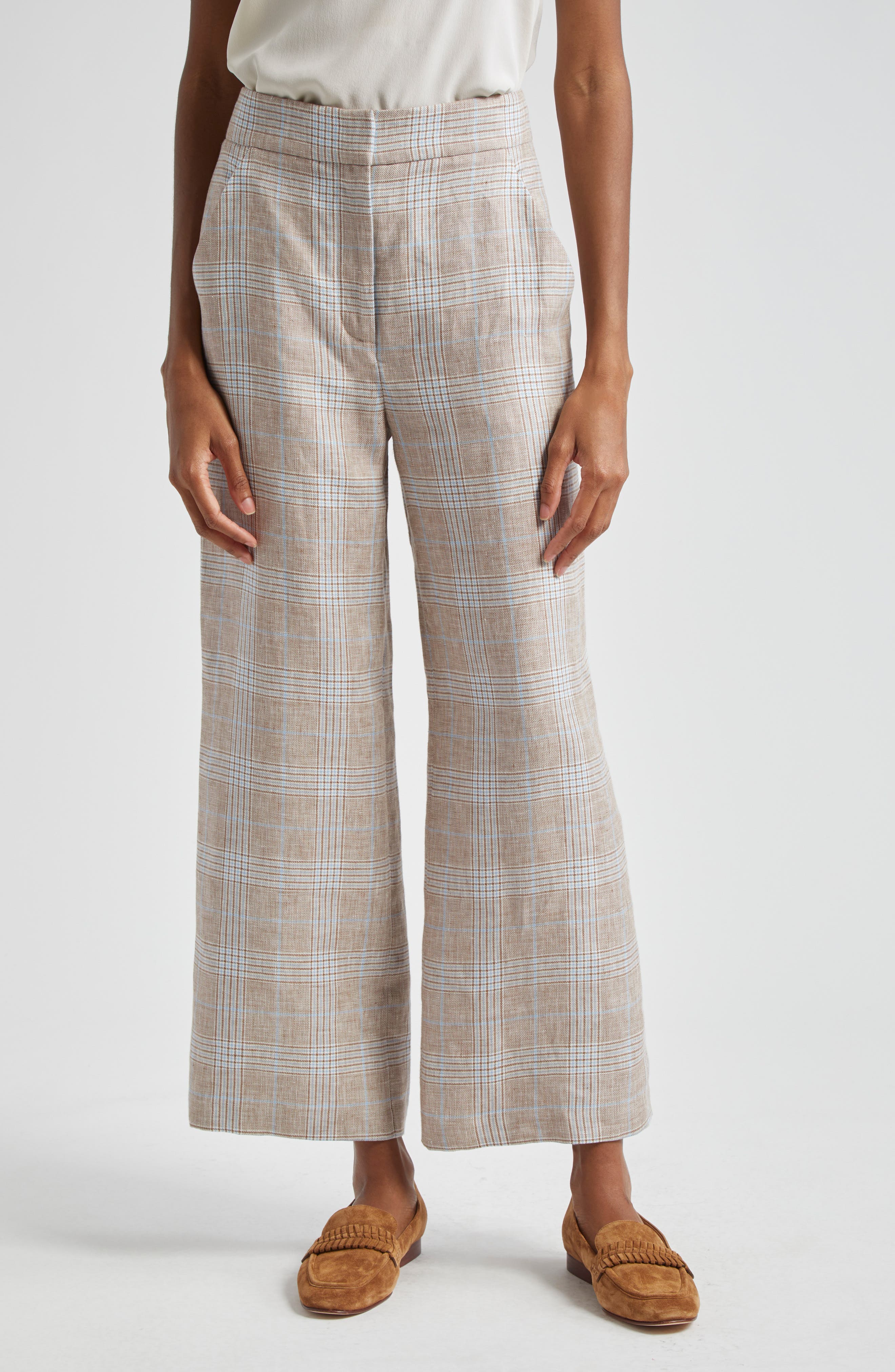 Veronica Beard Plaid Wide Leg Ankle Linen Pants