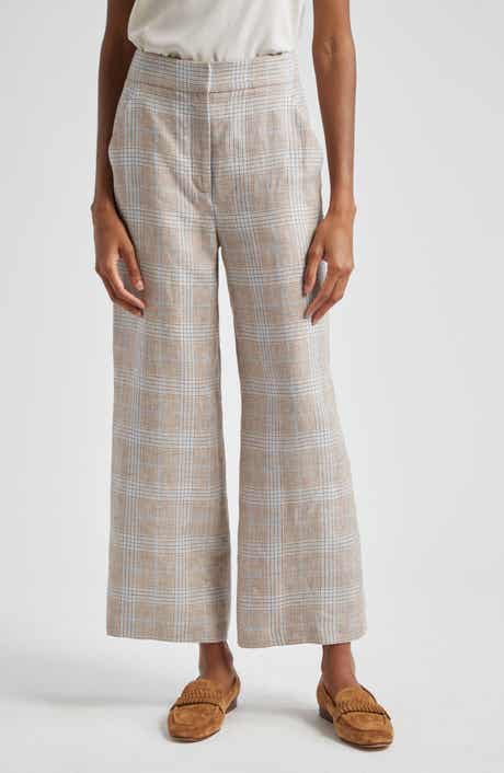 Veronica Beard Plaid Wide Leg Ankle Linen Pants