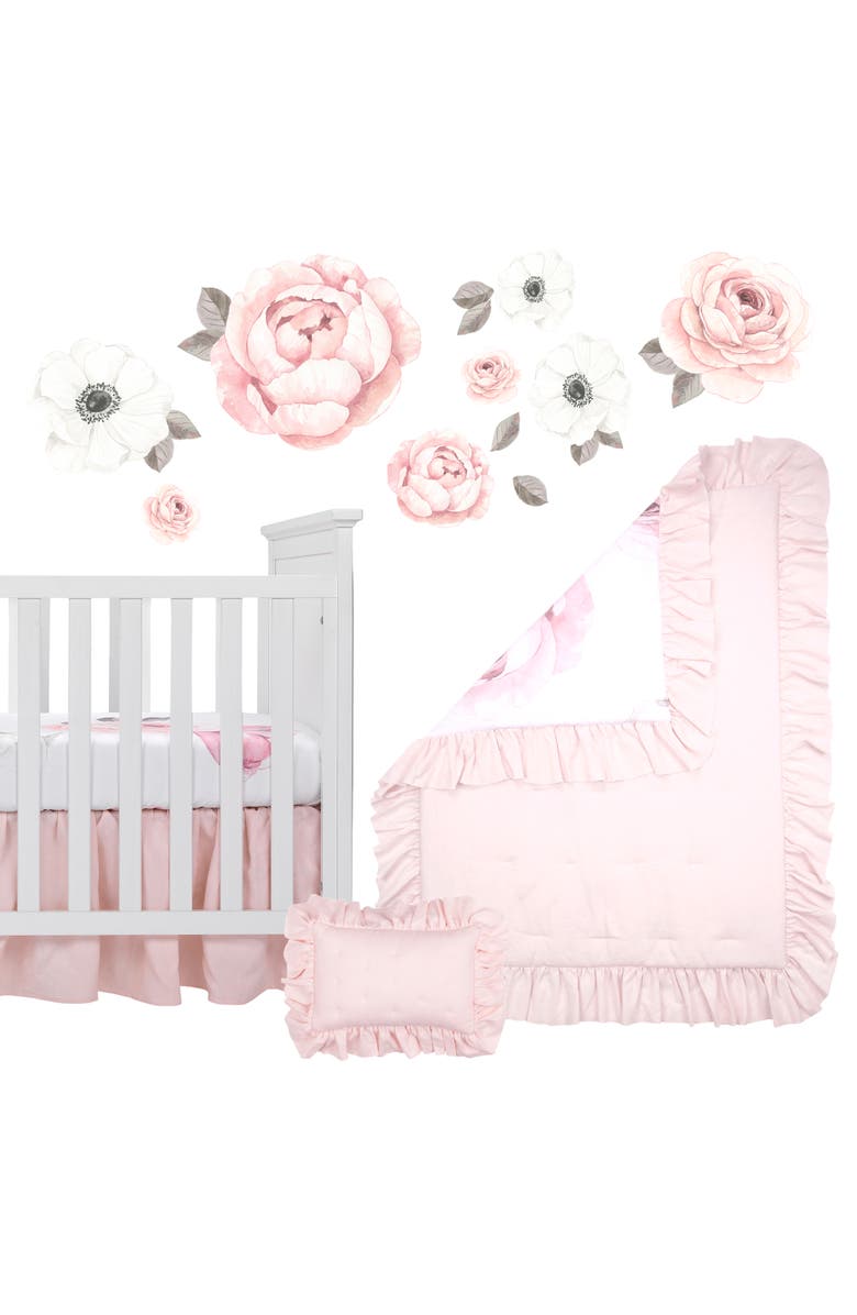 Lambs & Ivy Floral Garden Watercolor Linen 5-Piece Baby Crib Bedding Set, Main, color, Pink