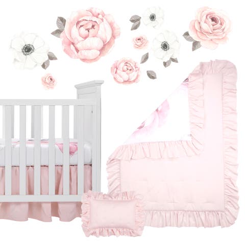 Floral Garden Watercolor Linen 5-Piece Baby Crib Bedding Set