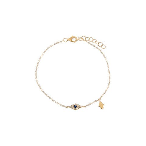 Diamond Pave X Sapphire Blue Evil Eye Charm Bracelet 14K