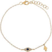 BY ADINA EDEN Diamond Pave X Sapphire Blue Evil Eye Charm Bracelet 14K
