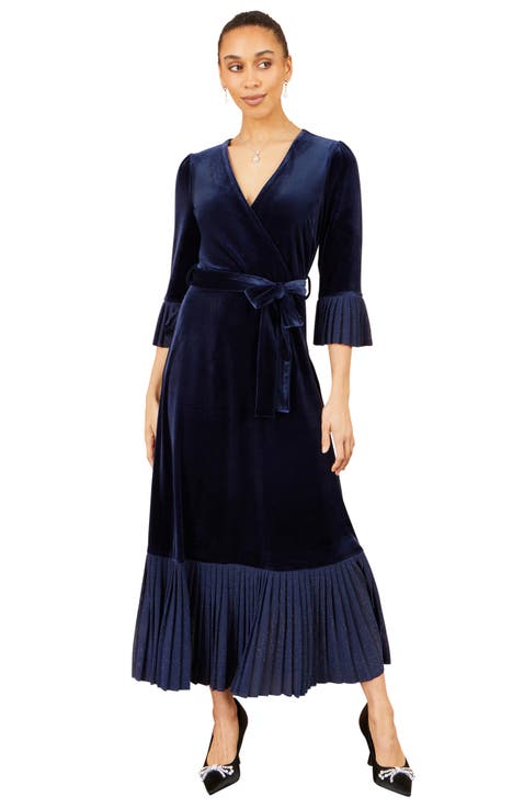 Velvet Midi Pleat Detail Wrap Dress