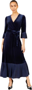 Yumi Velvet Midi Pleat Detail Wrap Dress