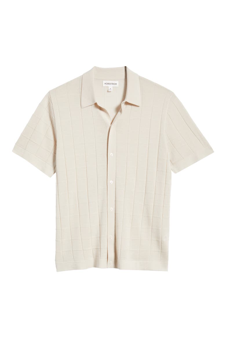 Textured Merino Wool & Silk Short Sleeve Button-Up Sweater, Alternate, color, BEIGE PUMICE