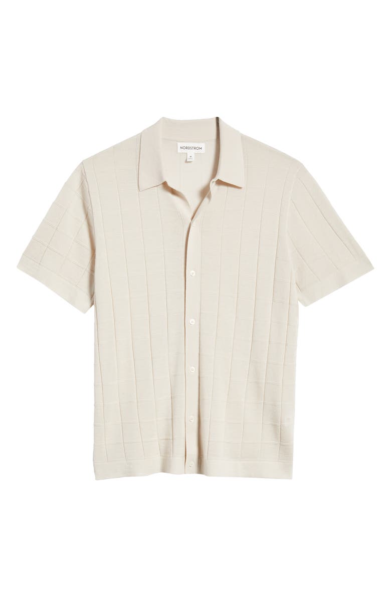 Nordstrom Texture Cotton Knit Short Sleeve Button-Up Shirt, Alternate, color, Beige Pumice