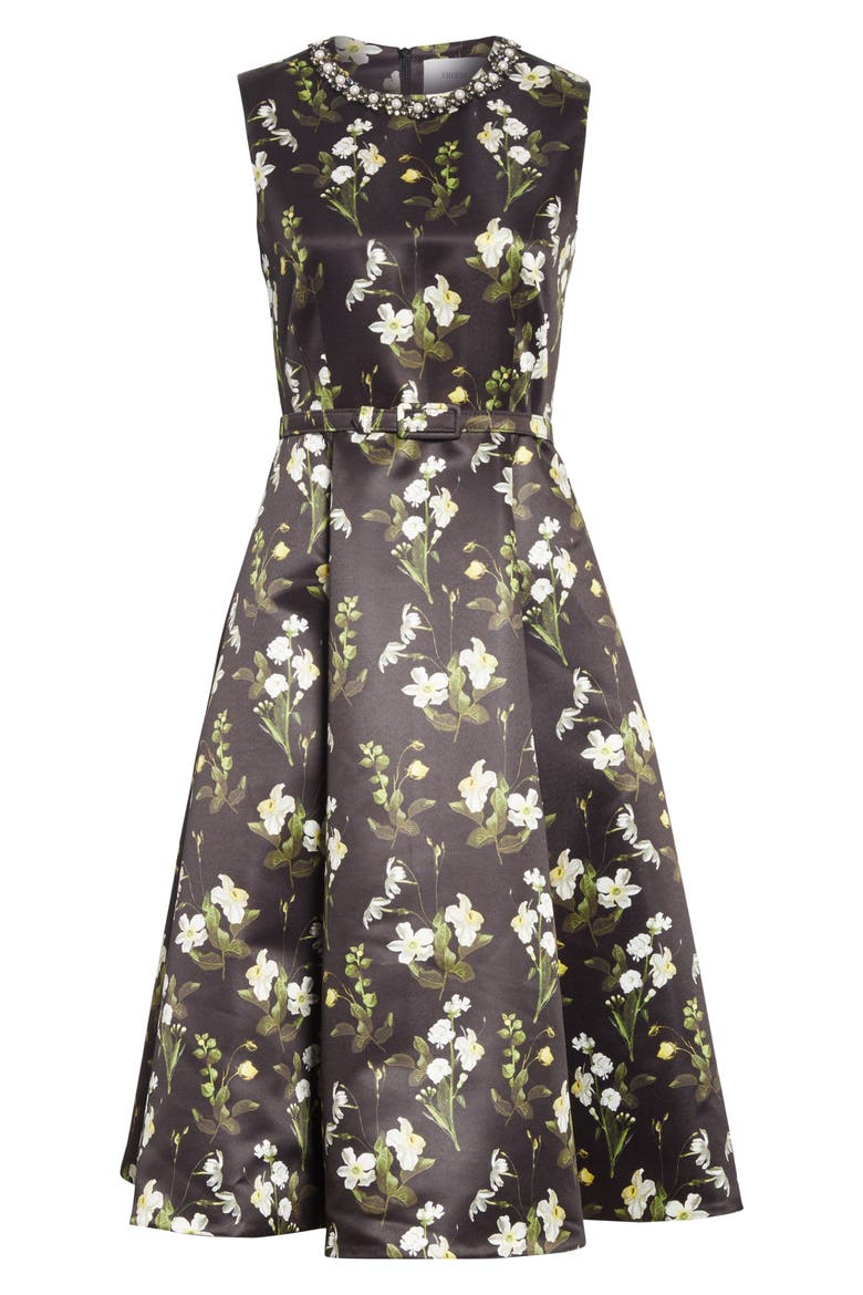 Daffodil Print Mikado A-Line Dress, Alternate, color, BLACK / WHITE