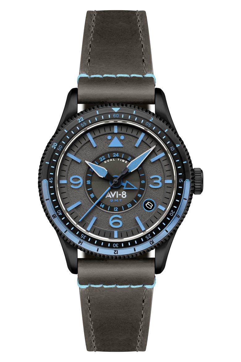 Flyboy Airmaster GMT Leather Strap Watch, 40mm, Main, color, GREY