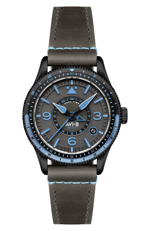 Flyboy Airmaster GMT Leather Strap Watch, 40mm