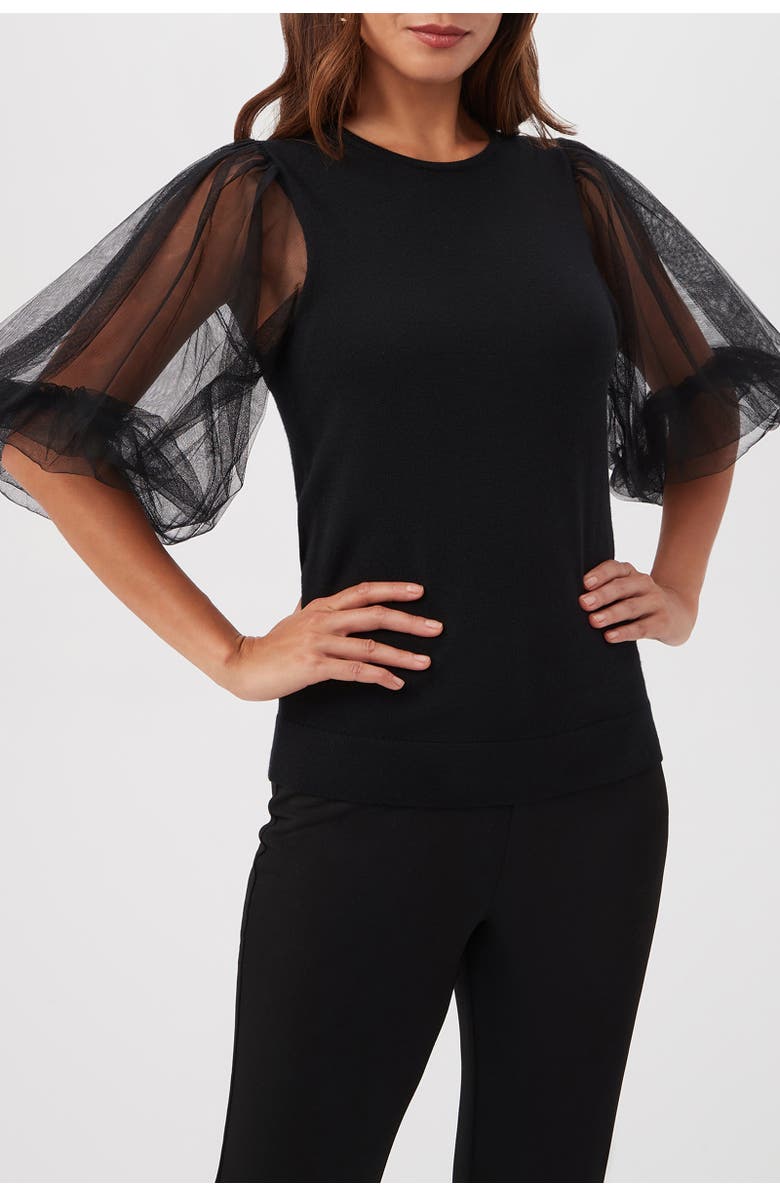 Trina Turk Rhea 3 Tulle Sleeve Pullover, Alternate, color, Black