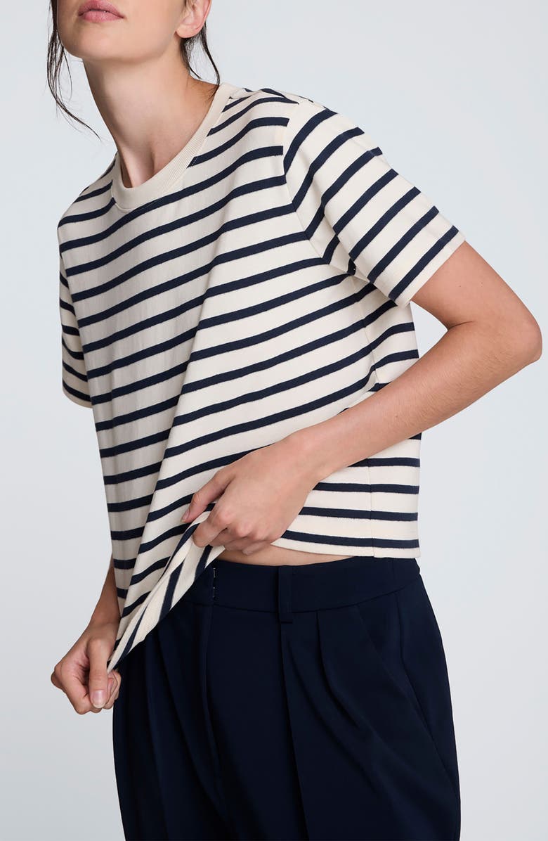 Kenneth Cole Stripe Boxy Cotton T-Shirt, Alternate, color, Oyster/ Dark Navy