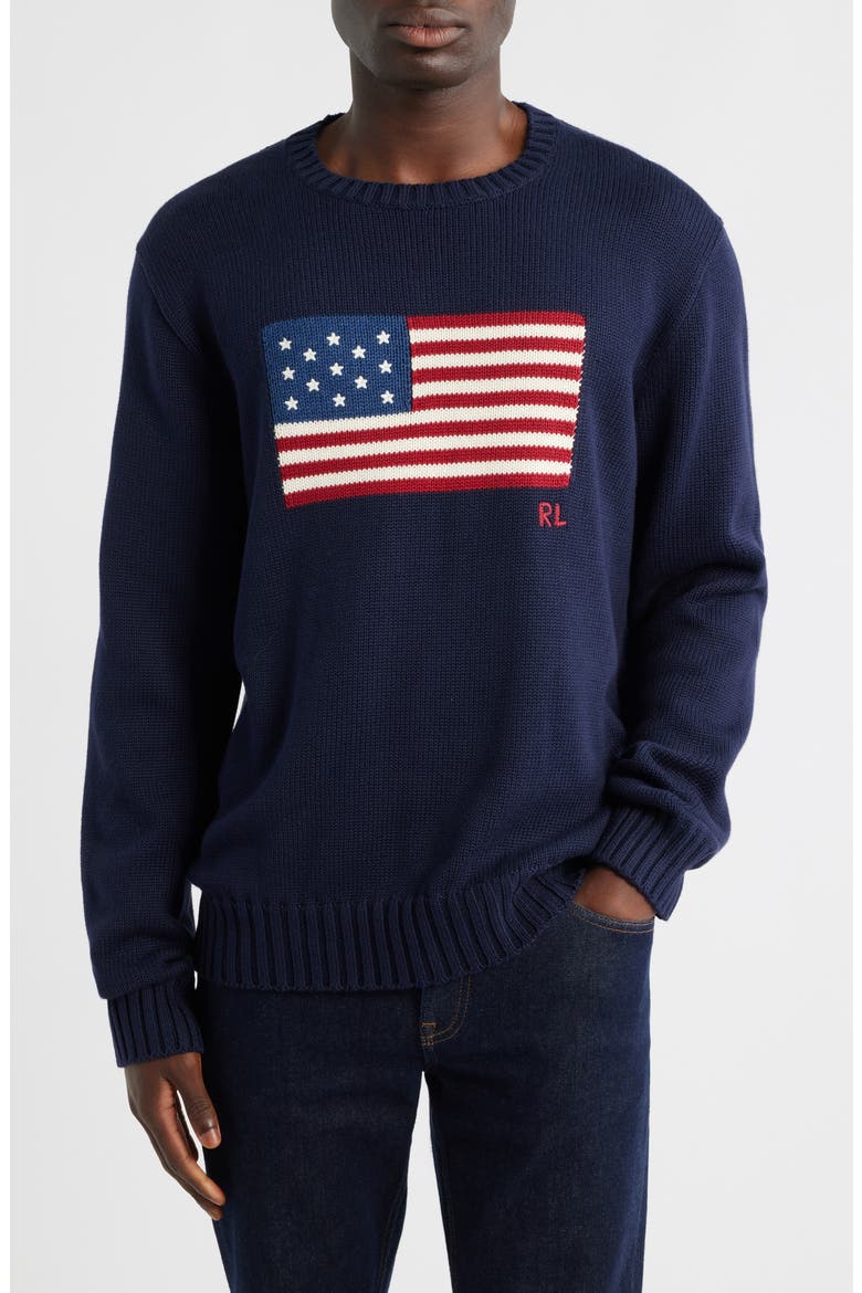 Intarsia Flag Cotton Crewneck Sweater, Main, color, BLUE
