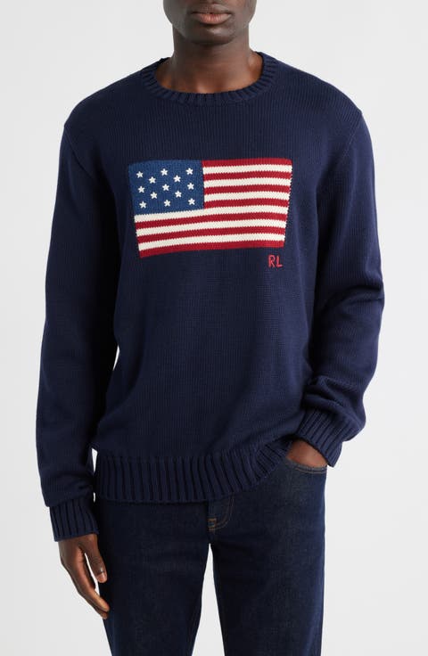 Intarsia Flag Cotton Crewneck Sweater