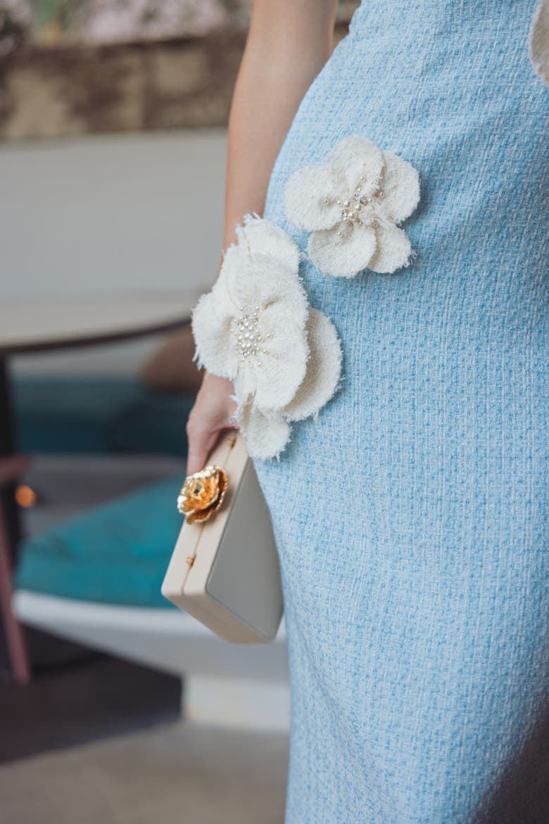 Strapless Boucle Fitted Midi Dress With 3D Flowers, Alternate, color, Powder Blue Multi
