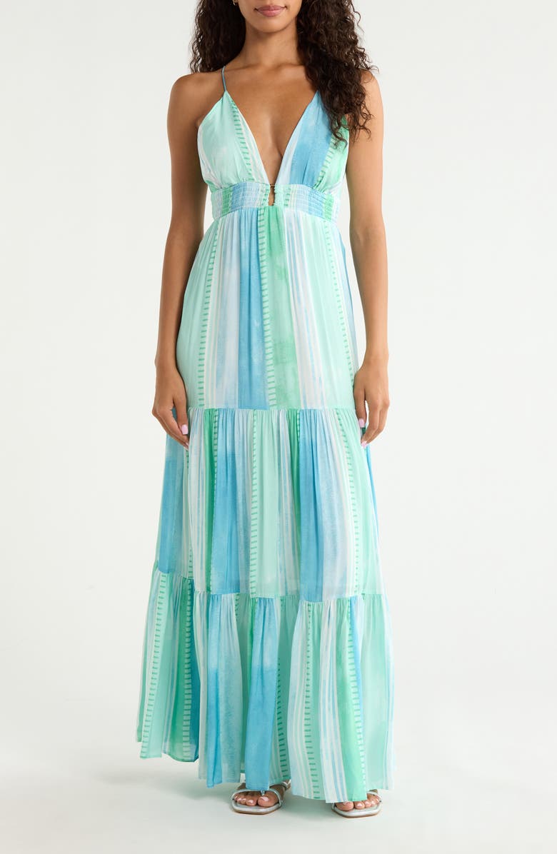 Elan Print Tiered Halter Maxi Dress, Main, color, Blue Strovia