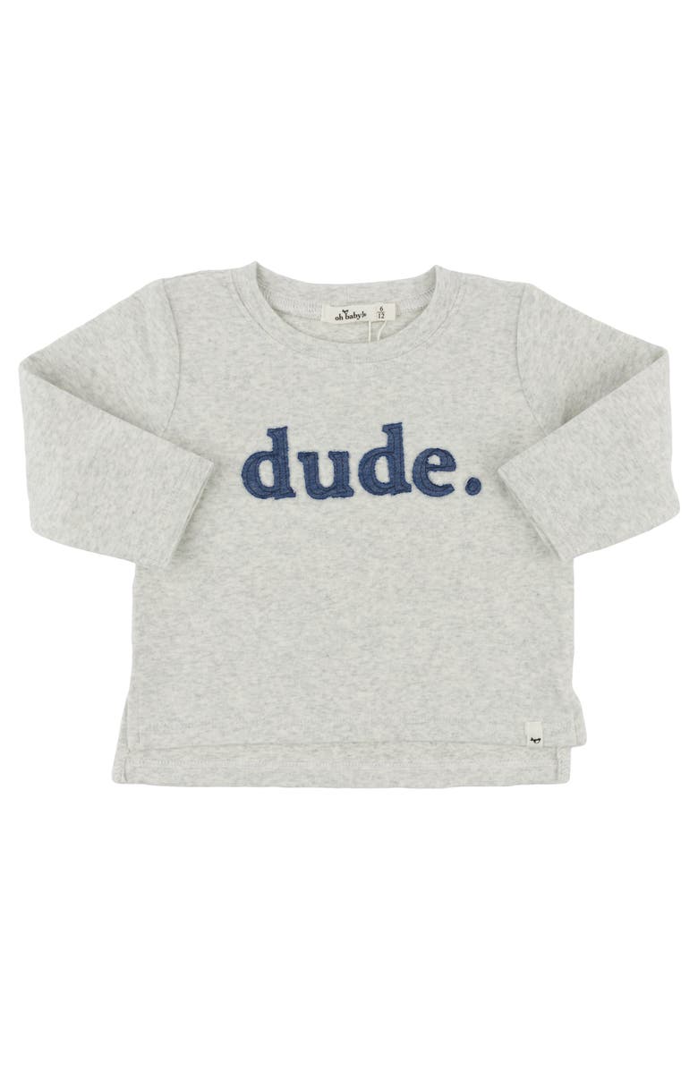 oh baby! "Dude" Denim Applique Raw Edge Baby Rib L/S Tee- Infant, Main, color, Heather Grey