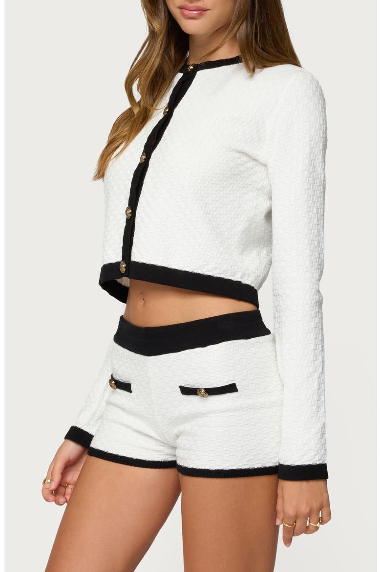 Mara Textured Contrast Trim Cotton Cardigan, Alternate, color, WHITE