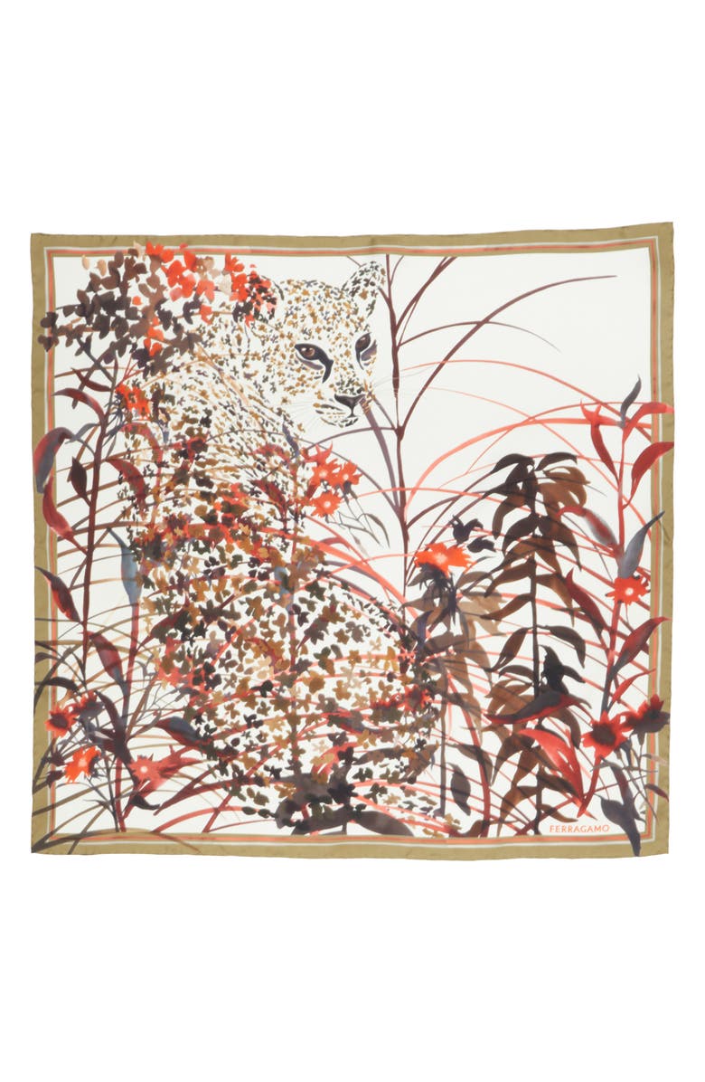 FERRAGAMO Leopard Print Square Silk Scarf, Main, color, 