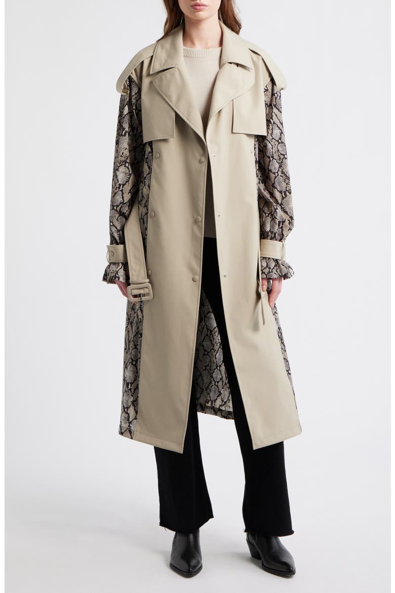 Water Repellent Snakeskin Print Detail Trench Coat, Alternate, color, TAUPE SNAKE