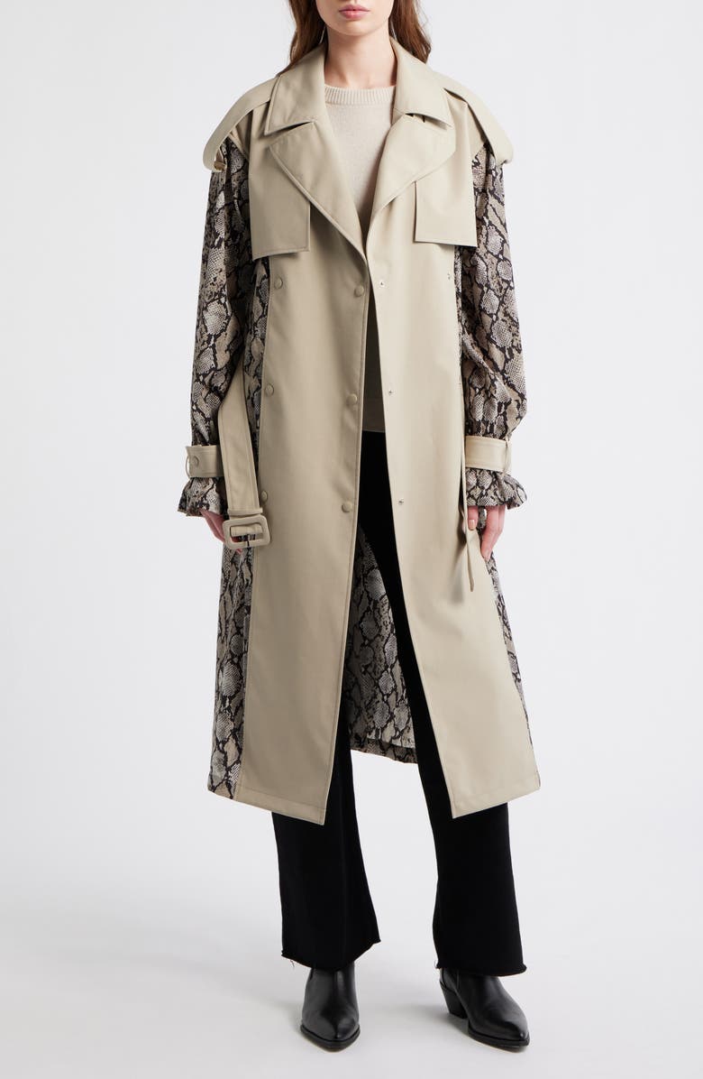 Mackage Water Repellent Snakeskin Print Detail Trench Coat, Alternate, color, Taupe Snake