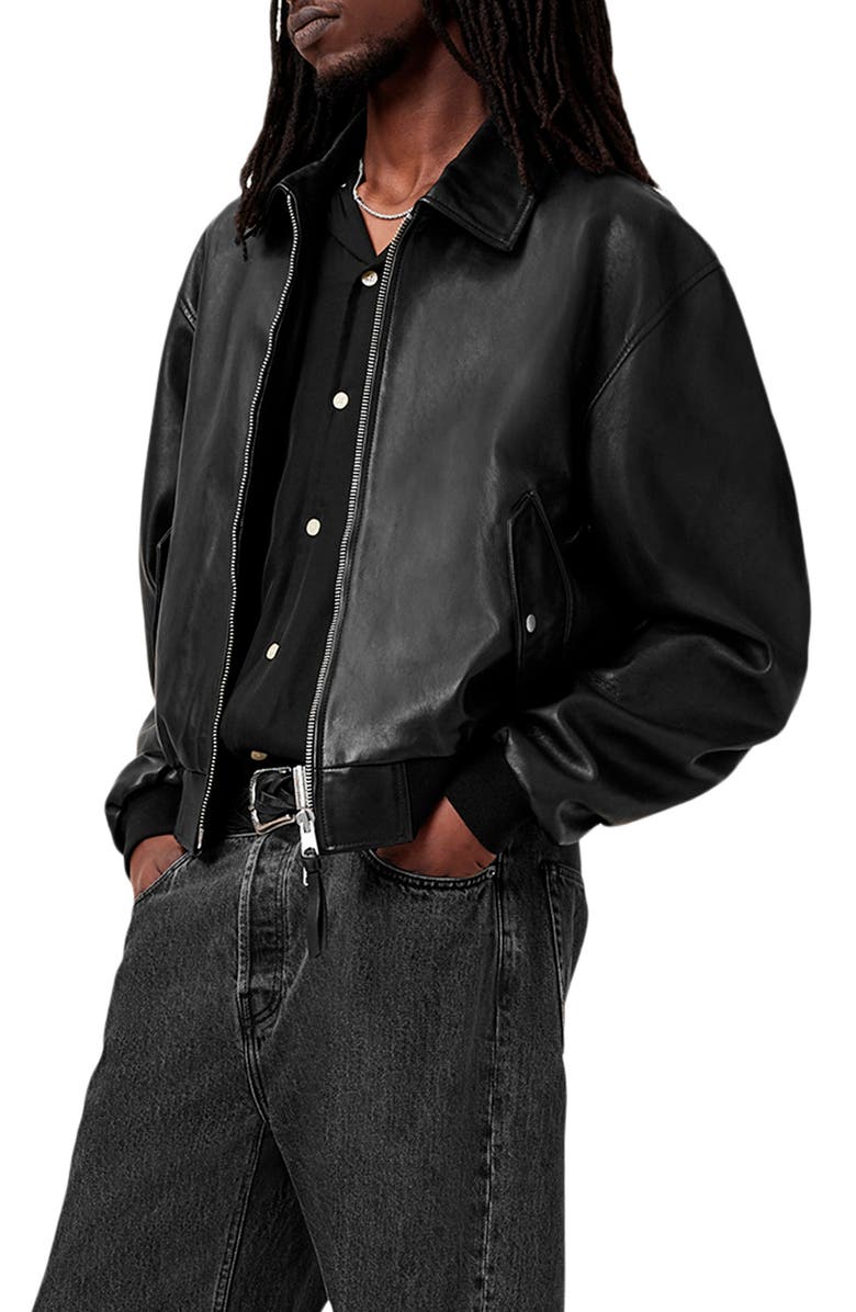 AllSaints Marco Leather Bomber Jacket, Alternate, color, Vintage Black